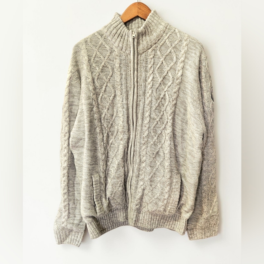 Atlas For Men Wool Blend Zip Cable Knit Cardigan Sweater Grey Mens XL Lined